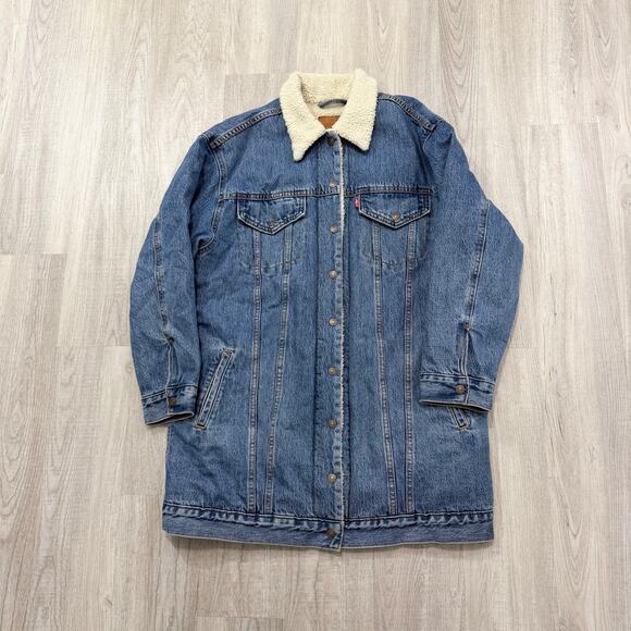 Levis Lengthened Sherpa Trucker Jacket Women's Large Blue Collared Denim Western - Picture 1 of 9